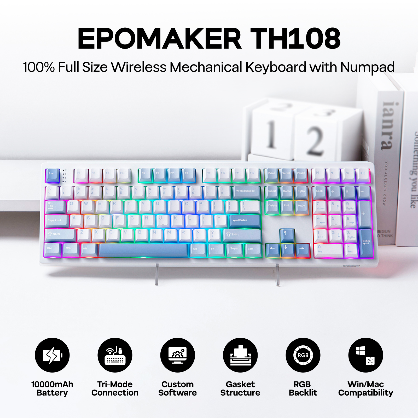 EPOMAKER TH108 100% Full Size Gasket Wired/BT/2.4Ghz