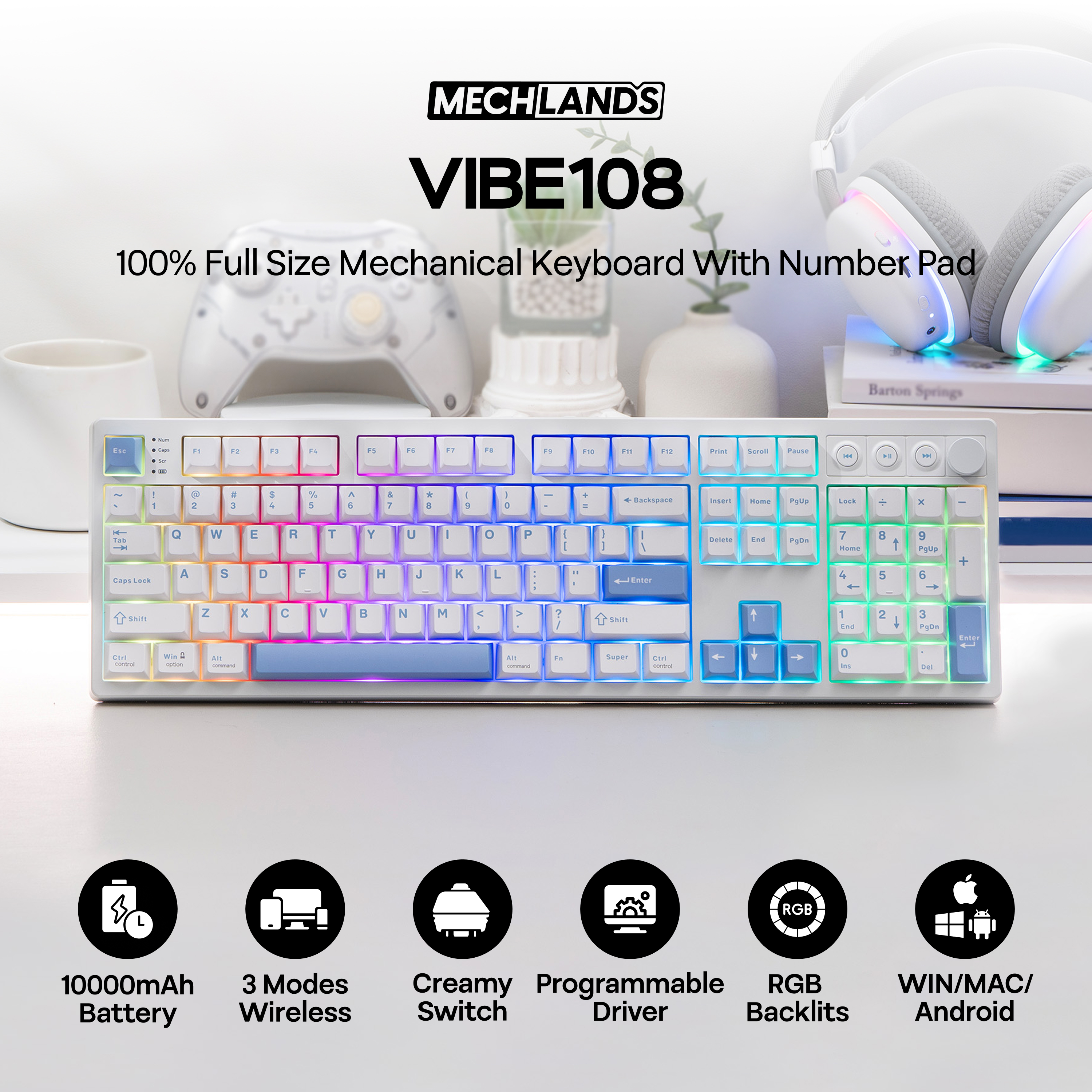 MechLands Vibe108 100% ANSI US Layout Wired/BT/2.4GHz