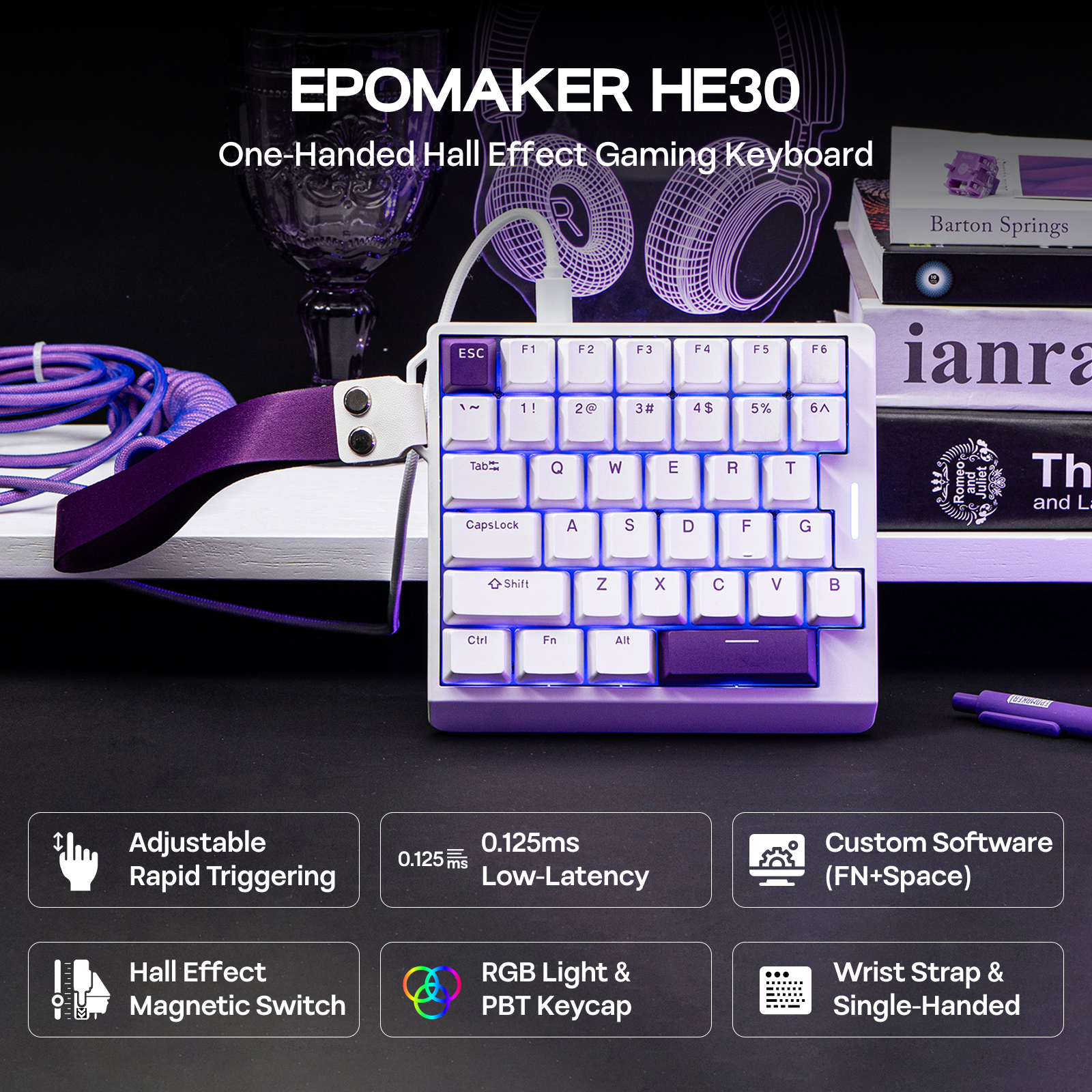 EPOMAKER HE30 سلكي فقط، 30% ألعاب بيد واحدة