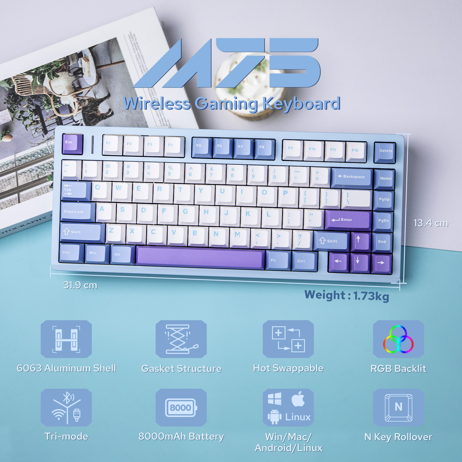 AULA M75 75% ANSI US Layout Wired/Bluetooth 5.0/2.4GHz