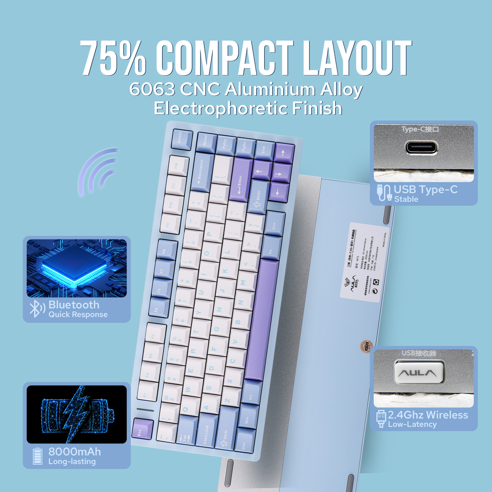 AULA M75 75% ANSI US 레이아웃 유선/블루투스 5.0/2.4GHz