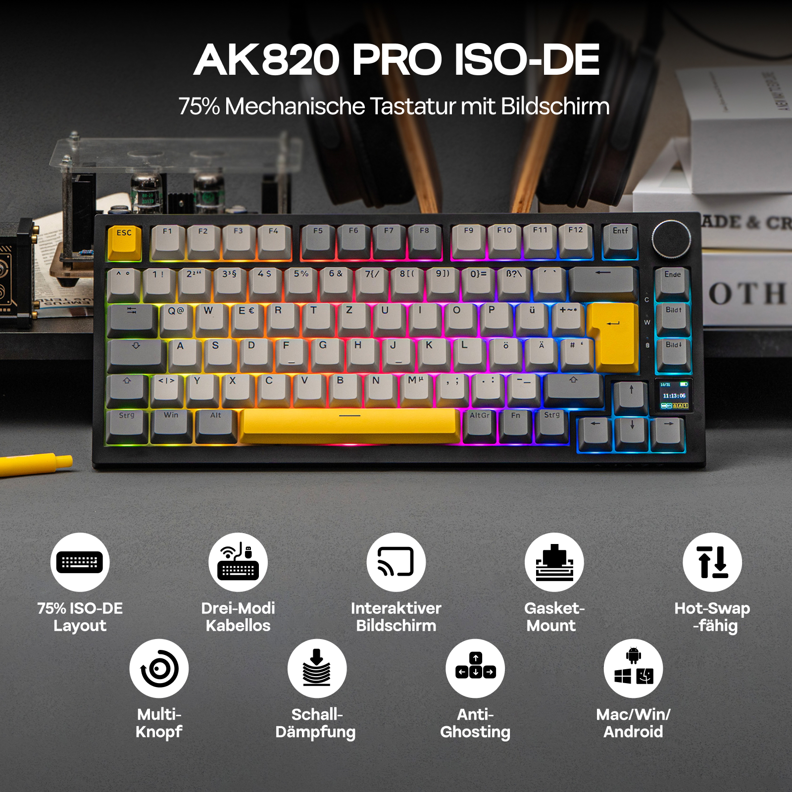 لوحة مفاتيح AJAZZ AK820 PRO 75% بتصميم ISO-DE، لوحة
