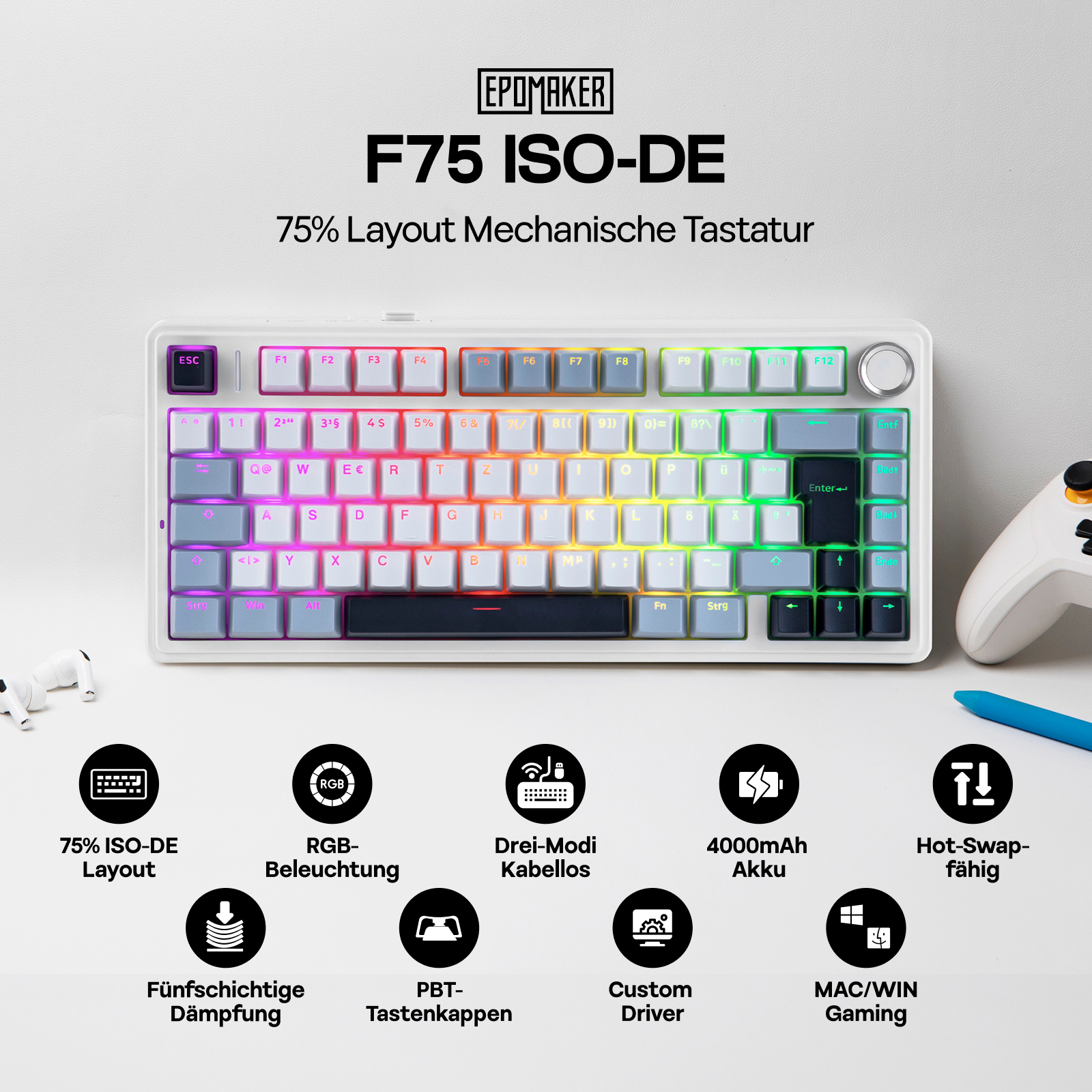 EPOMAKER x AULA F75 ISO-DE kolmerežiimiline ühenduvus