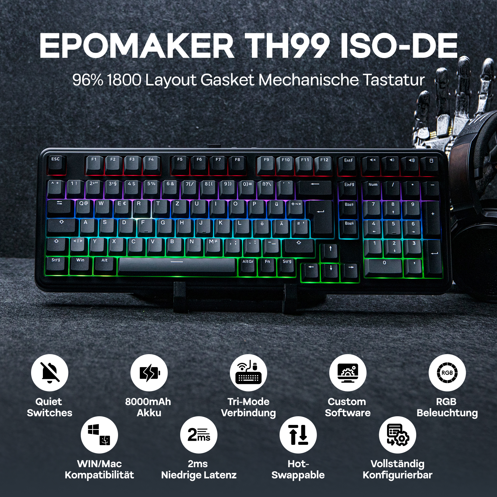 ISO-DE লেআউট EPOMAKER TH99 QWERTZ লেআউট ৯৬% ক্রিমি