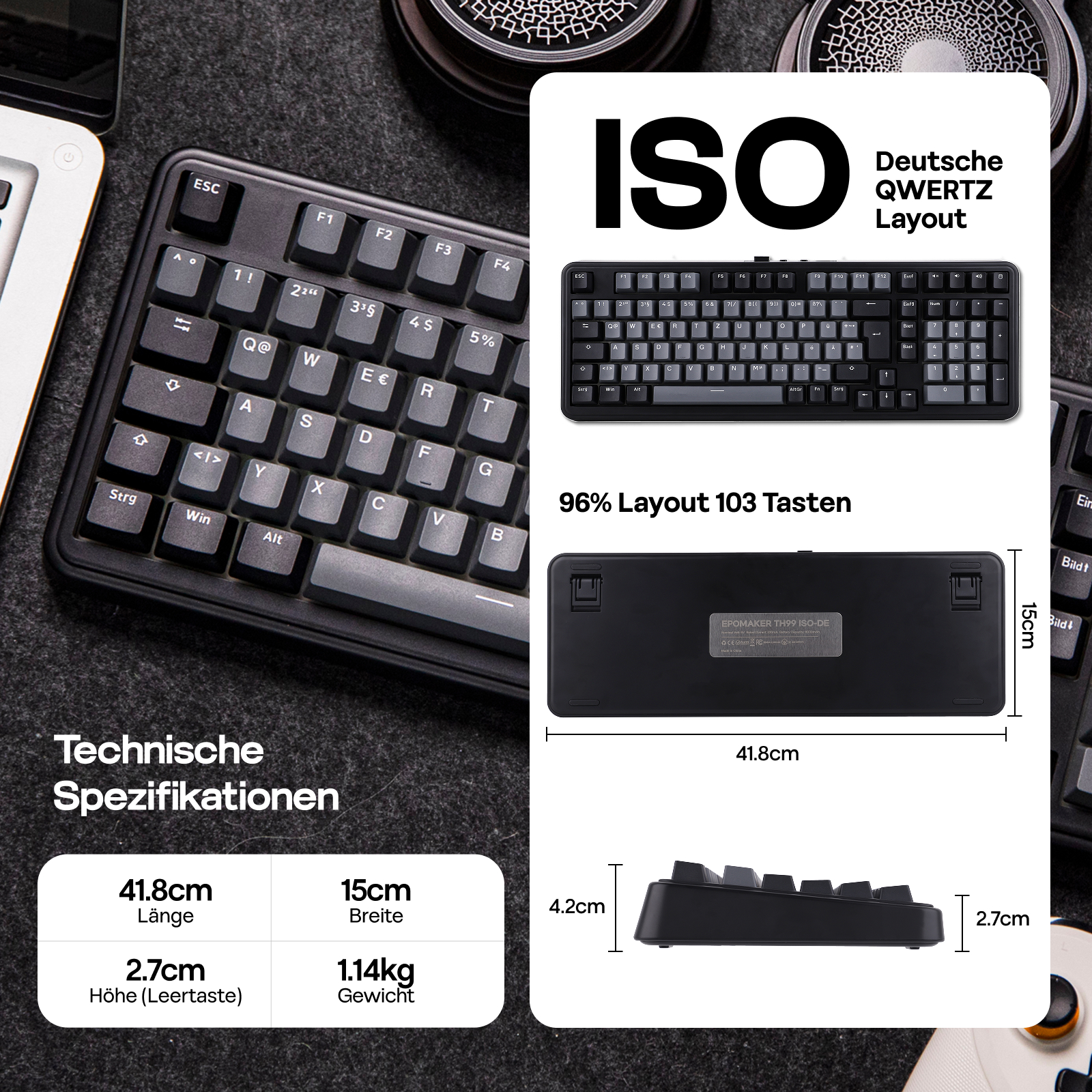 ISO-DE লেআউট EPOMAKER TH99 QWERTZ লেআউট ৯৬% ক্রিমি