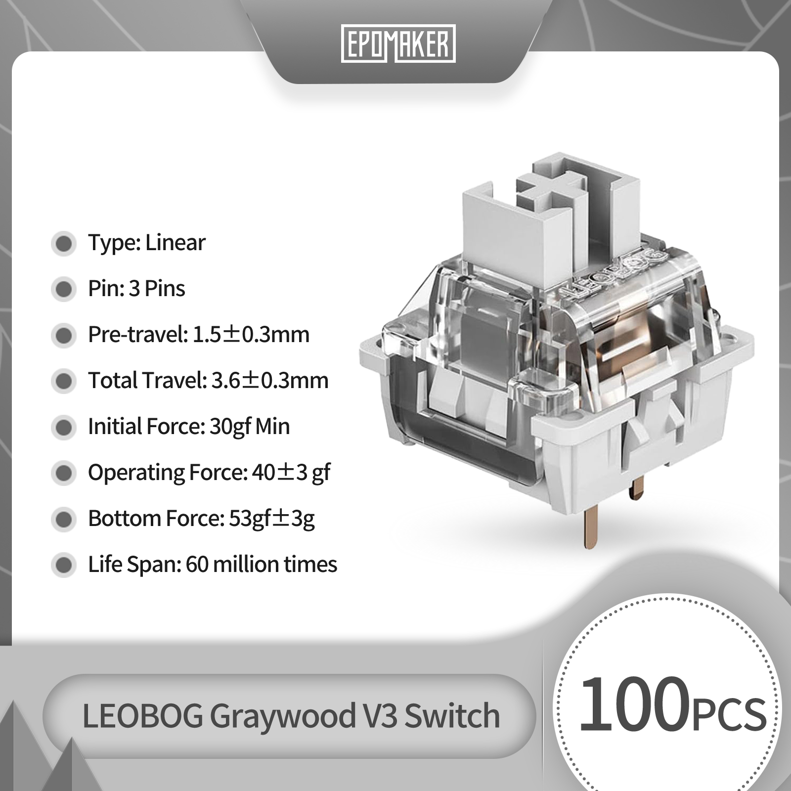 100 Pieces LEOBOG Graywood V3 Switch Set Linear 40g