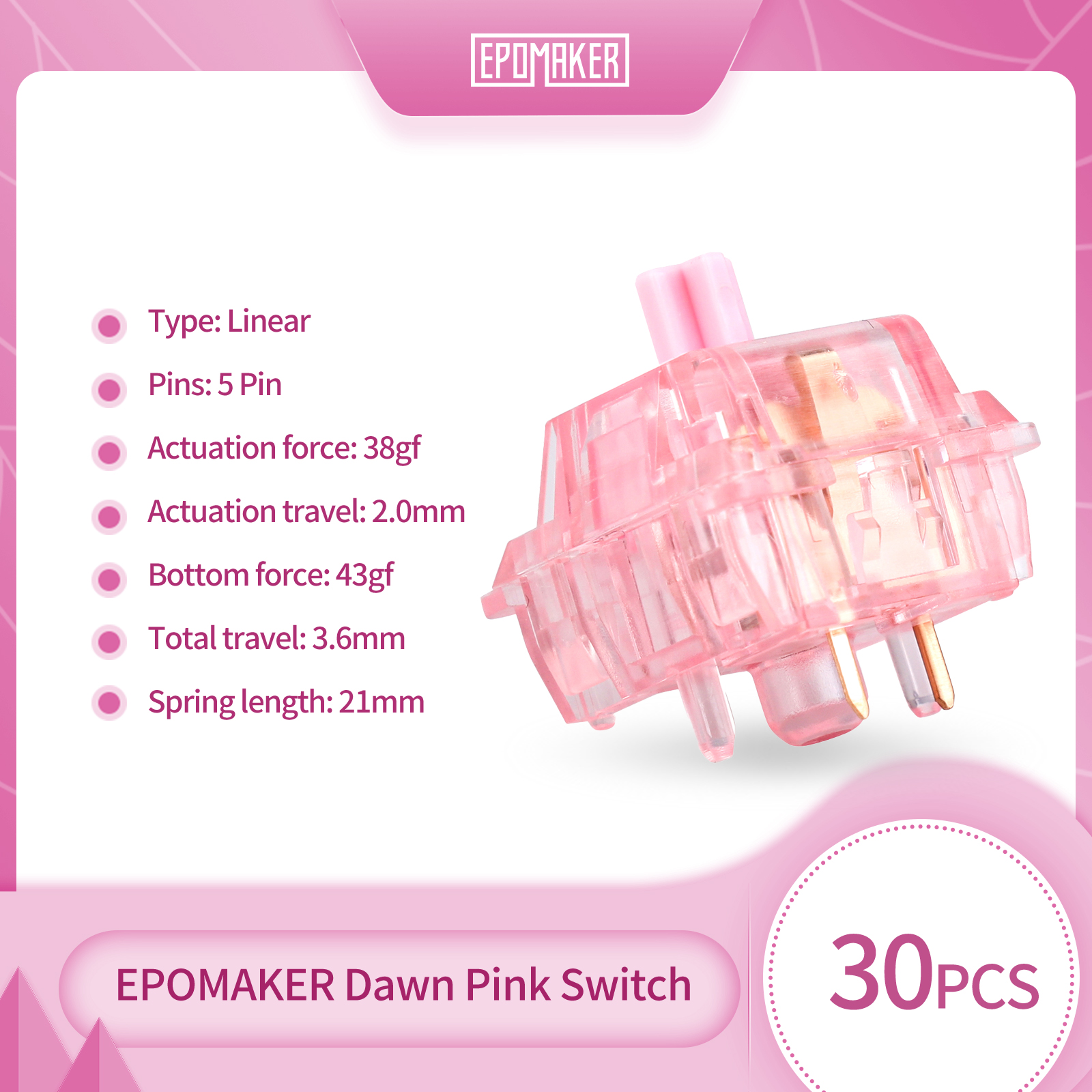 30 Pieces EPOMAKER Dawn Pink 38gf Linear 5 Pins