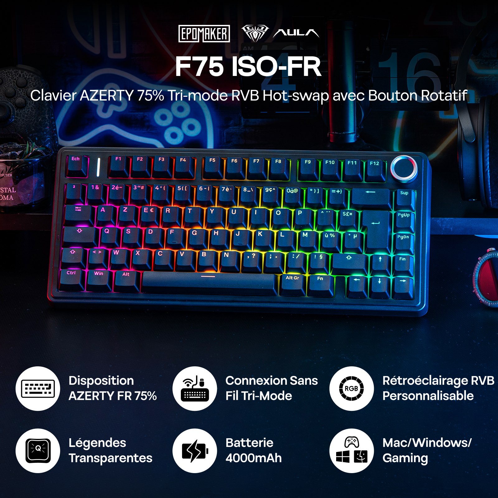 ISO-FR-lay-out AULA F75 75% AZERTY Franse gaming