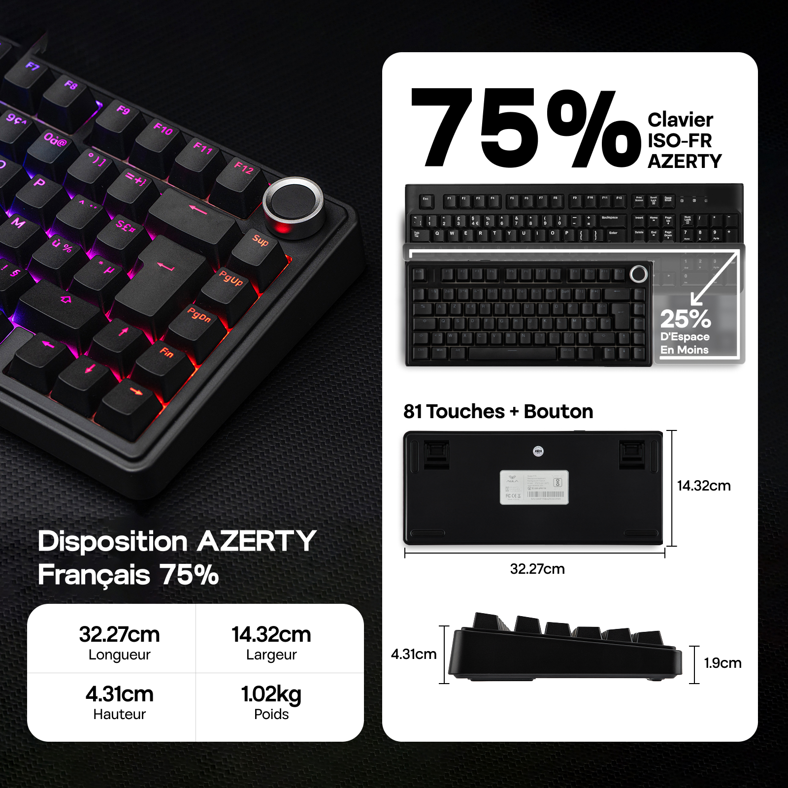 ISO-FR-lay-out AULA F75 75% AZERTY Franse gaming